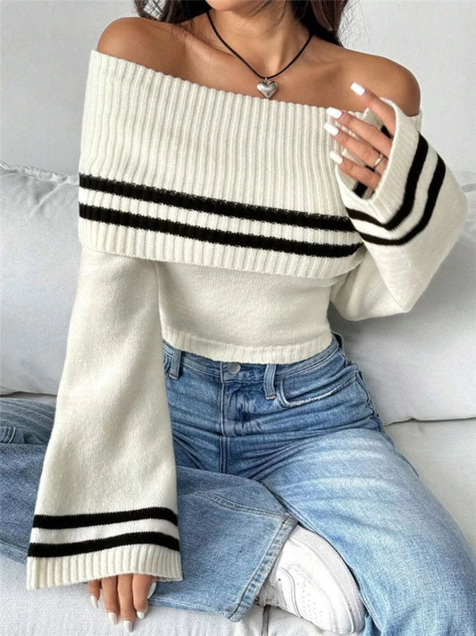 Women's Off-Shoulder Striped Flare Sleeve Sweater — women's knitwear Australia