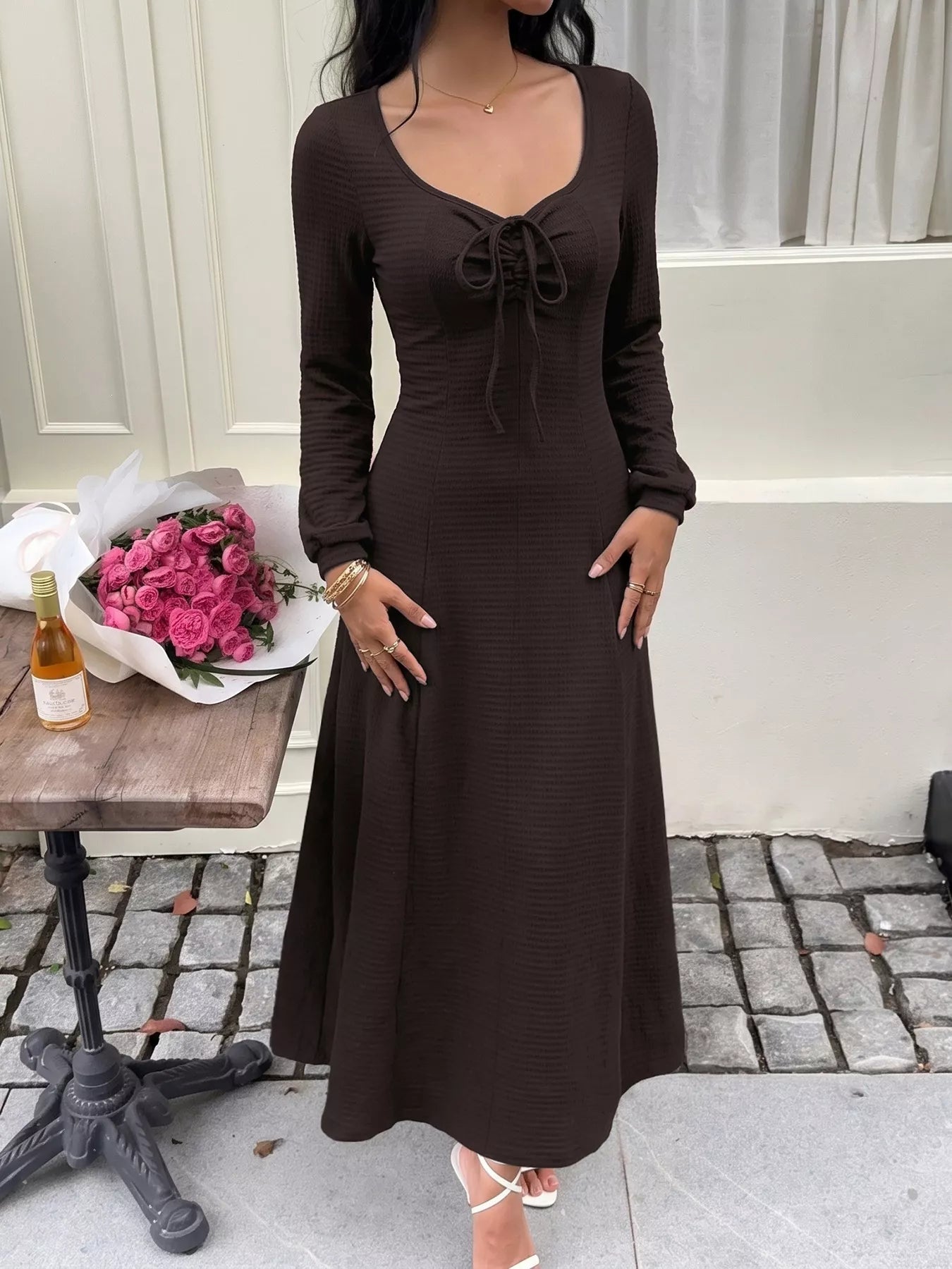 Women's Long Sleeve Tie-Front Maxi Dress — Chic and Unique AU
