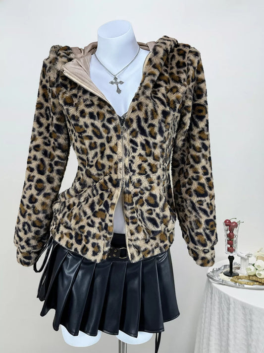 Leopard Plush Zip-Up Hooded Outerwear — women's outerwear Australia
