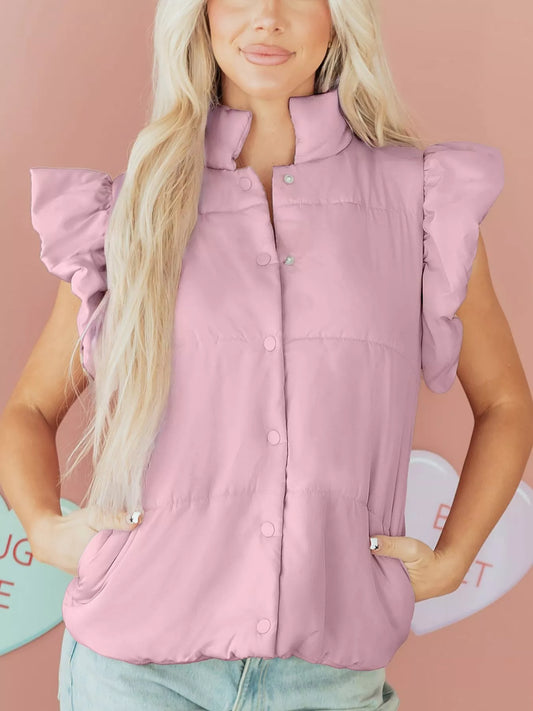 Stand Neck Flutter Sleeve Snap Button Puffer Vest — women's vest Australia