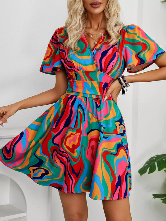 Colorful Print Short Sleeve Mini Dress — women's casual dress Australia