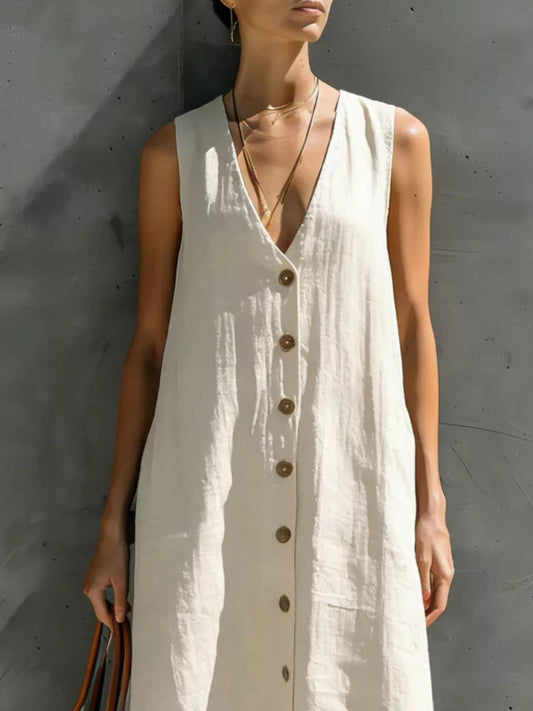 Full Size Sleeveless V-Neck Button-Down Linen Maxi Dress Plus Size — women's maxi dress Australia