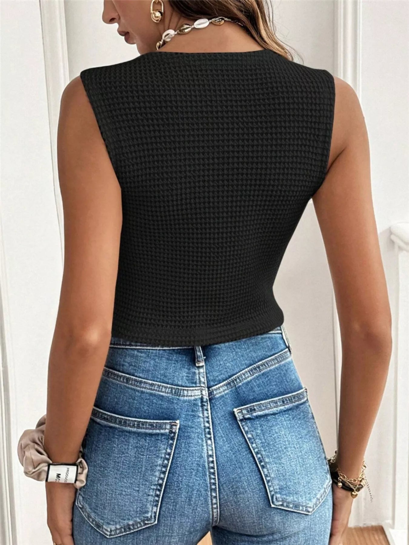 Textured Button-Front Sleeveless Vest Top — women's top Australia