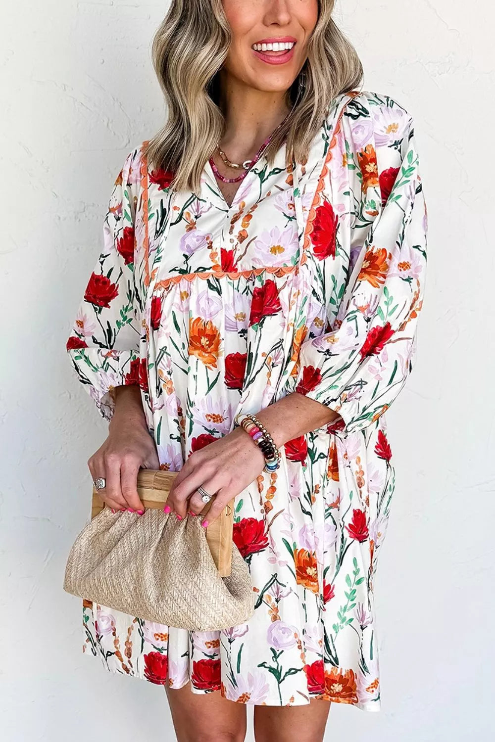 Women's Floral Print Puff Sleeve Ricrac Trim Mini Dress — Chic and Unique AU