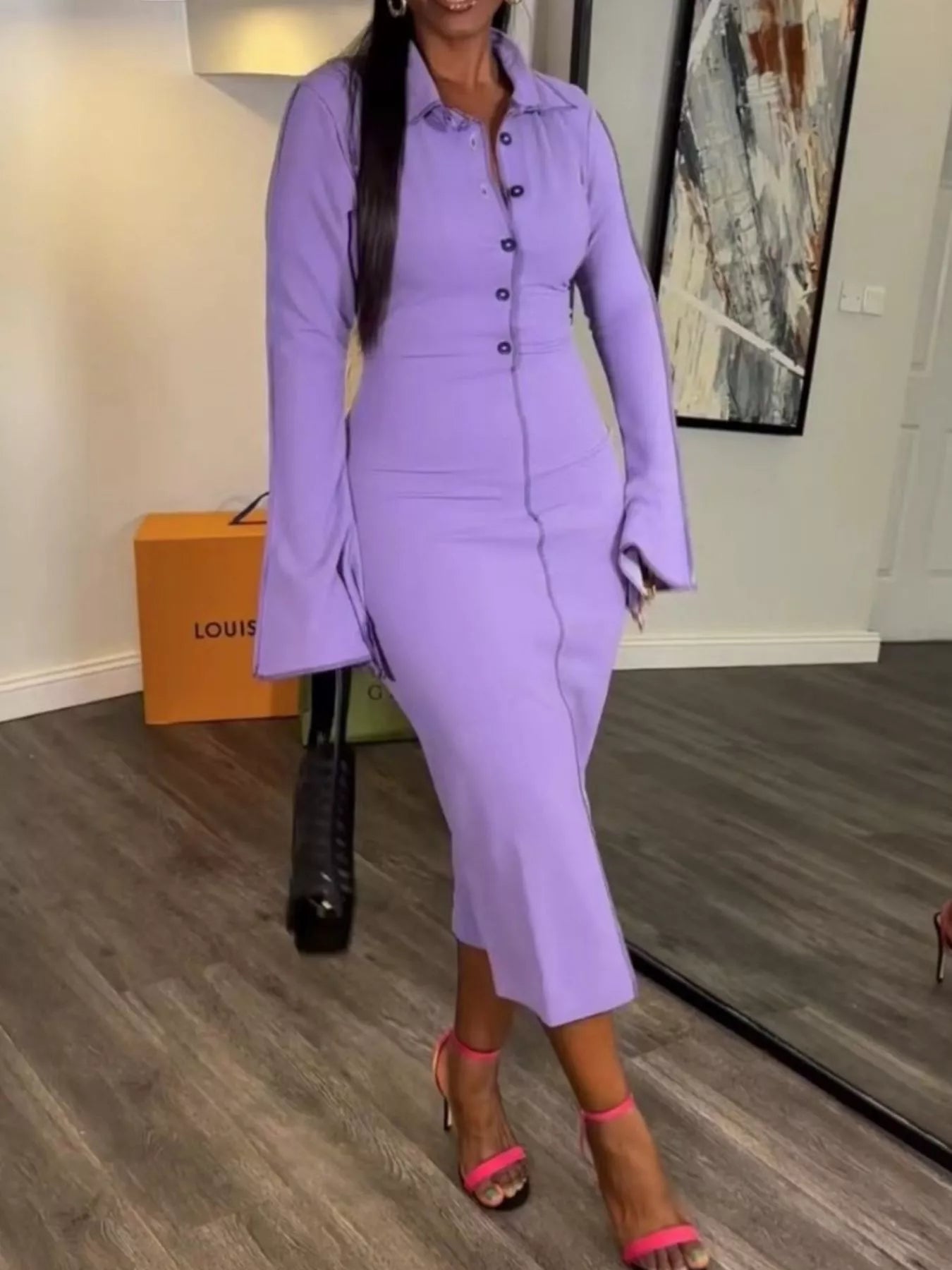 Women's Button Front Long Sleeve Midi Dress — Chic and Unique AU