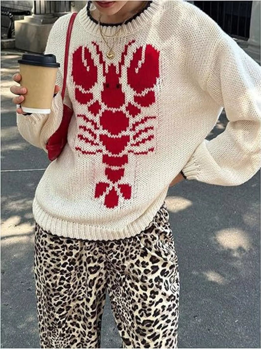 Women's Lobster Round Neck Dropped Shoulder Sweater — women's knit sweater Australia