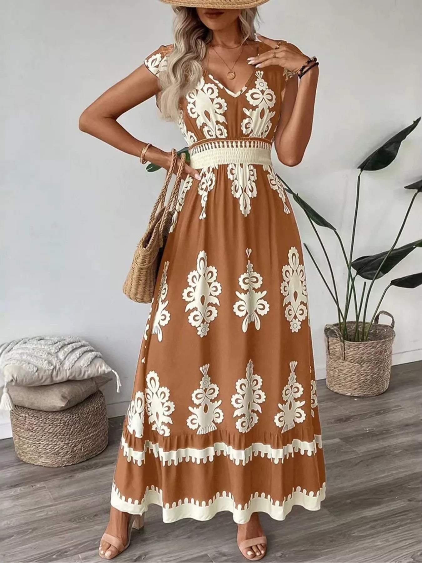 Women's Ruffled Printed V-Neck Maxi Dress — Chic and Unique AU