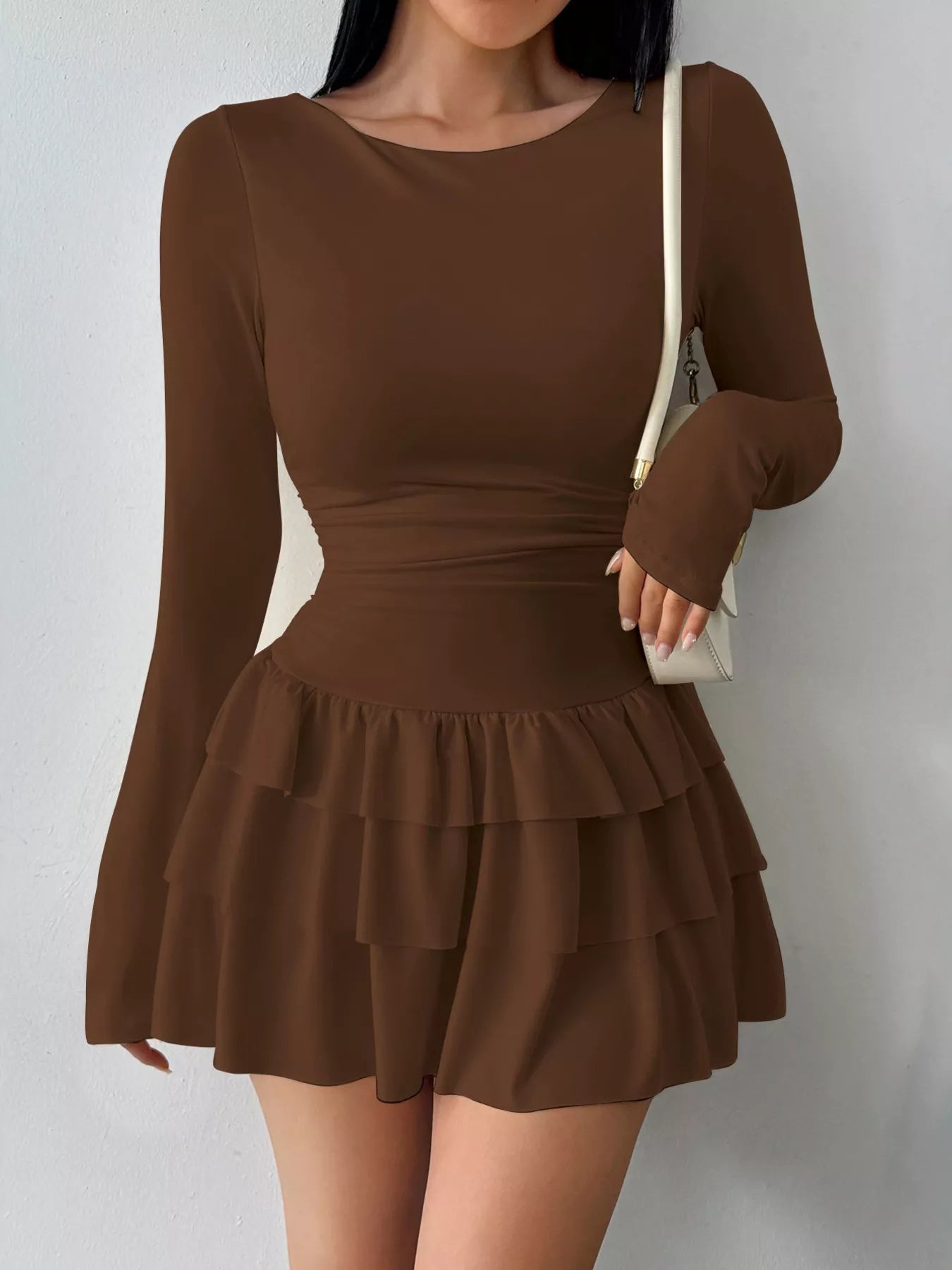 Women's Ruched Long Sleeve Layered Ruffle Mini Dress — Chic and Unique AU