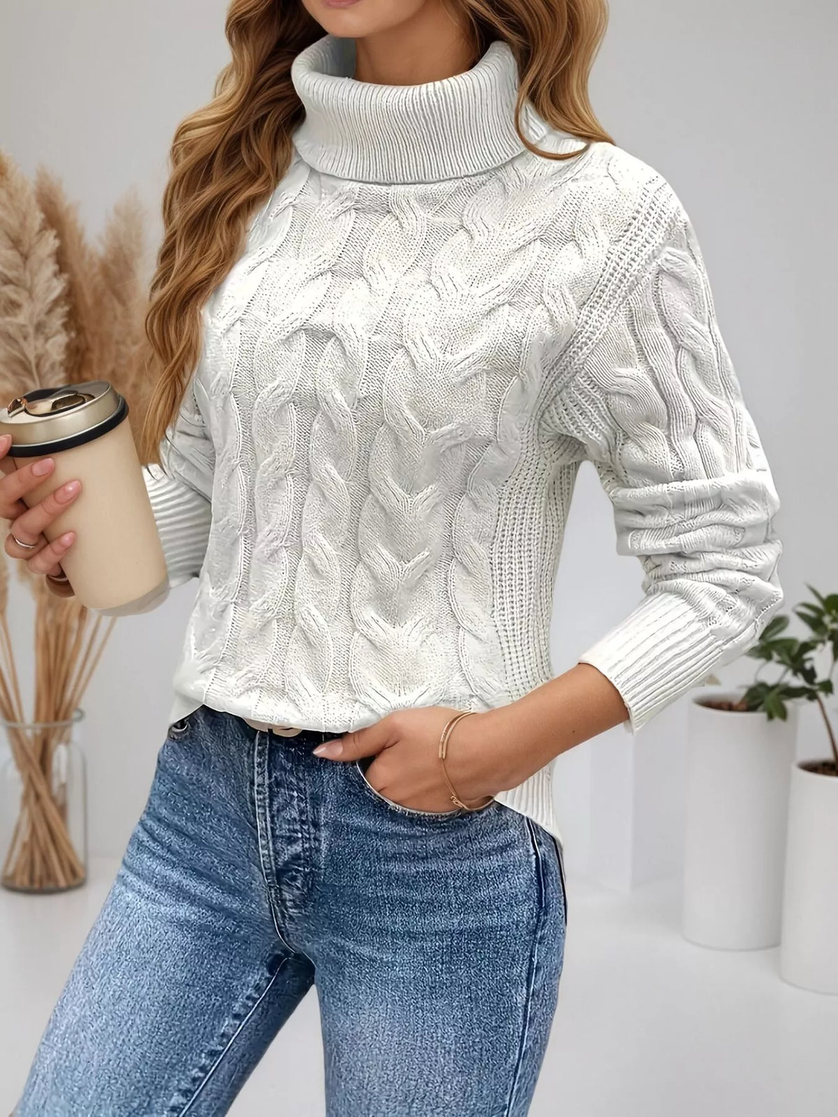 Women's Cable Knit Turtleneck Long Sleeve Sweater — women's knit sweater Australia