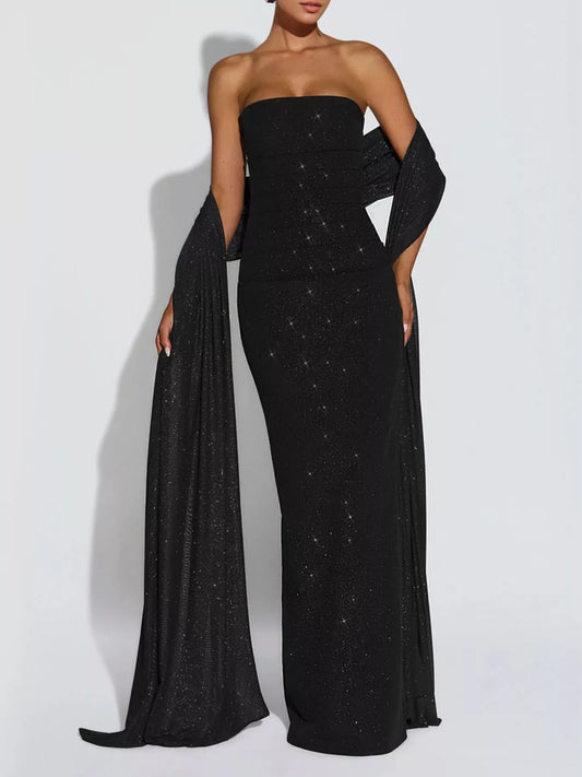 Slit Glitter Tube Maxi Dress with Scarf — evening dress Australia