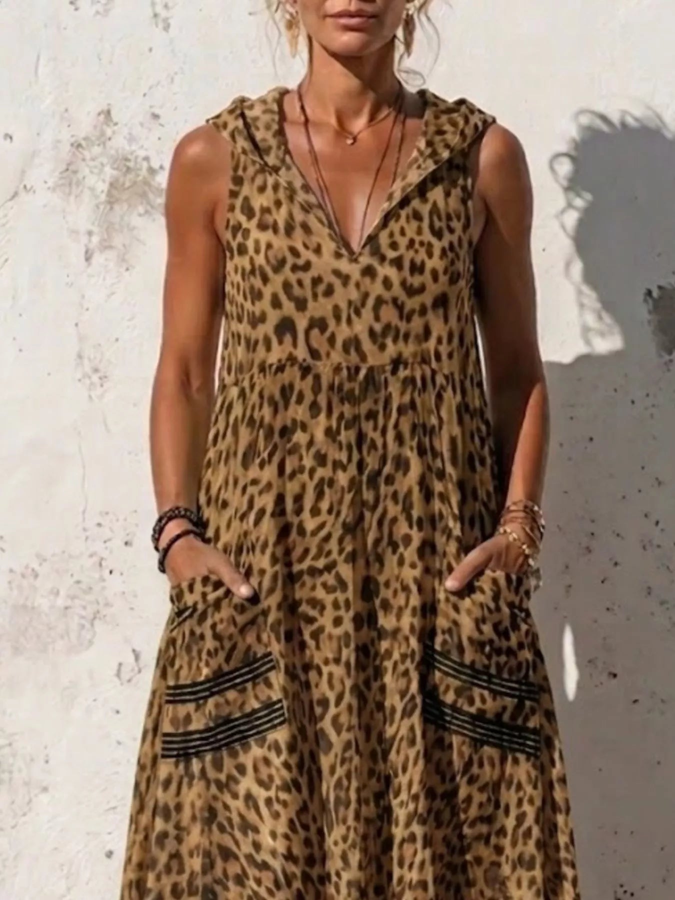 Women's Full Size Sleeveless Hooded Leopard Print Maxi Dress Plus Size — Chic and Unique AU