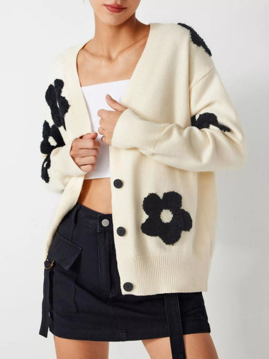 Women's Button Down Floral Applique Knit Cardigan — women's knitwear Australia