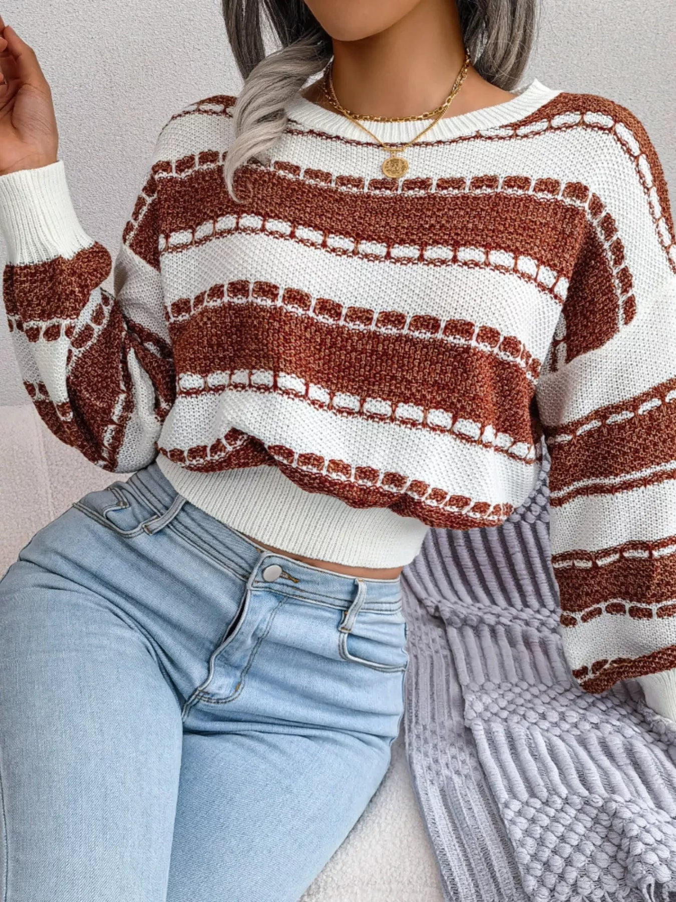 Women's Color Block Round Neck Cropped Sweater — women's cropped sweater Australia