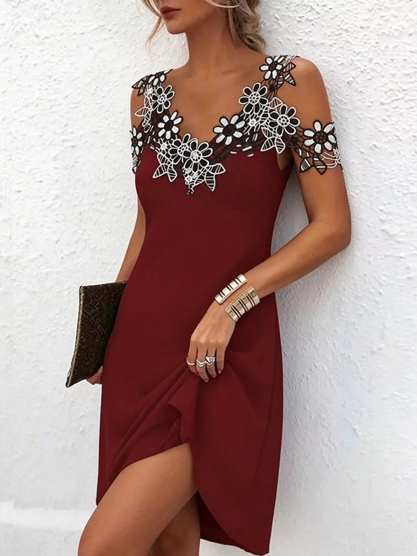 Women's Lace Floral Trim Cold Shoulder Mini Dress — Chic and Unique AU
