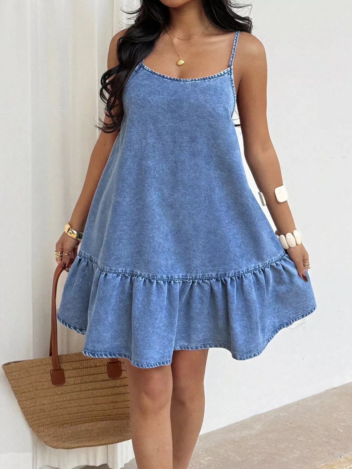 Women's Casual Spaghetti Strap Ruffle Hem Denim Dress — Chic and Unique AU