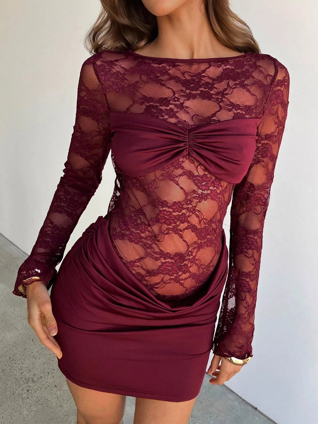 Women's Lace Sheer Cutout Back Long Sleeve Ruched Dress — Chic and Unique AU