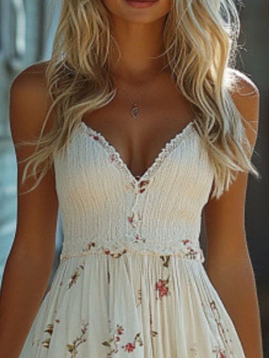 Floral Print Lace Trimmed Asymmetrical Hem Cami Dress — women's casual dress Australia