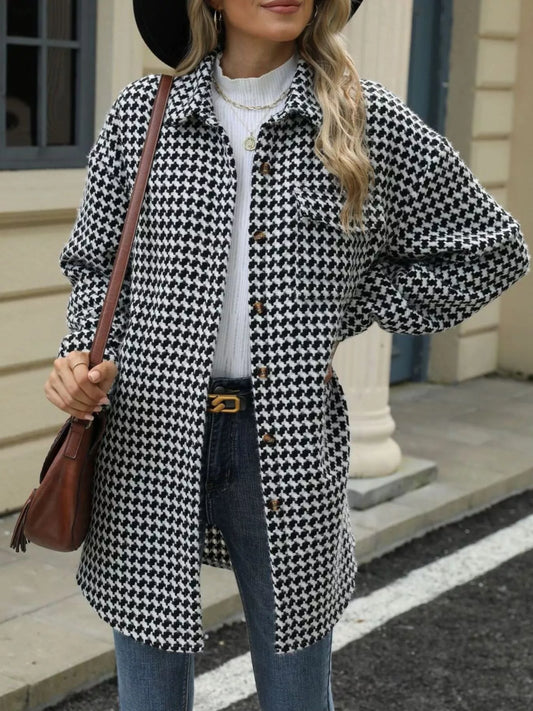 Houndstooth Button Up Long Sleeve Coat — women's coat Australia