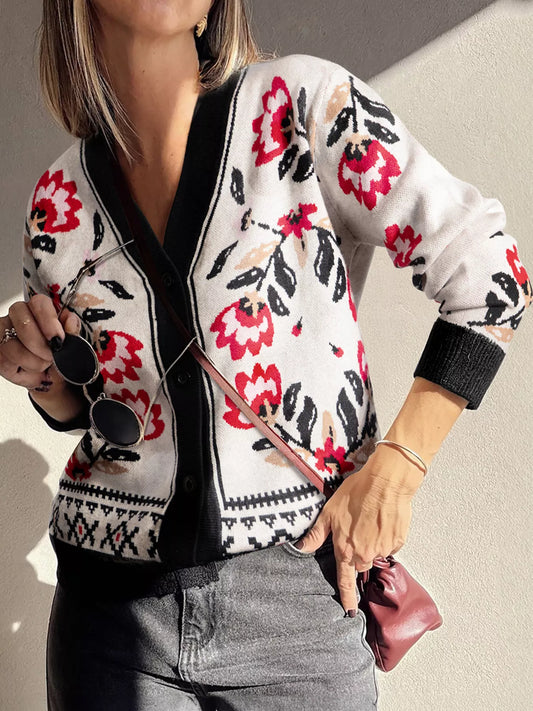 Women's Floral Button Down Cardigan with Geometric Border — women's knit cardigan Australia