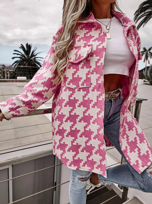 Houndstooth Button Up Long Sleeve Outerwear — women's outerwear Australia
