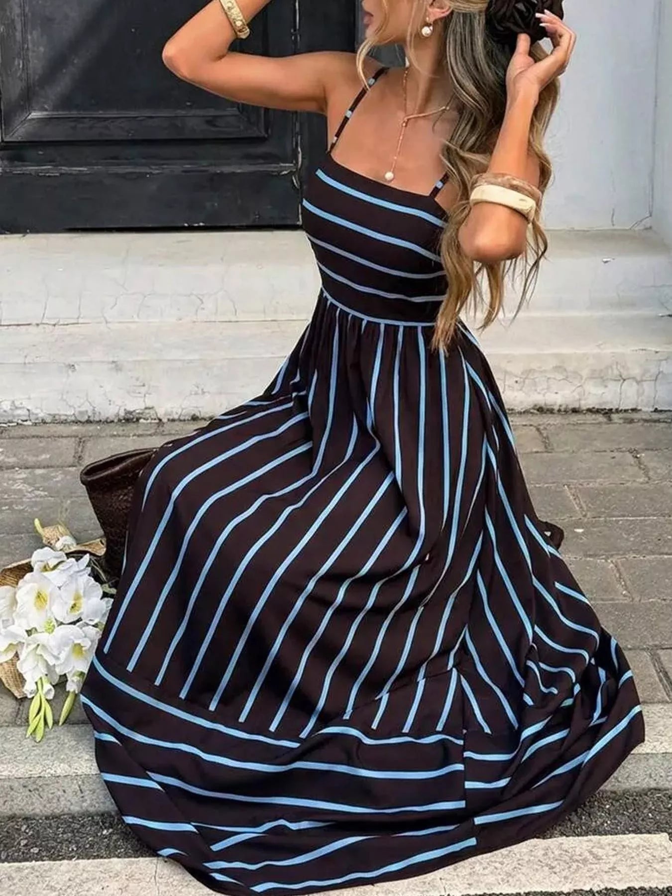Women's Cutout Back Striped Maxi Dress — Chic and Unique AU