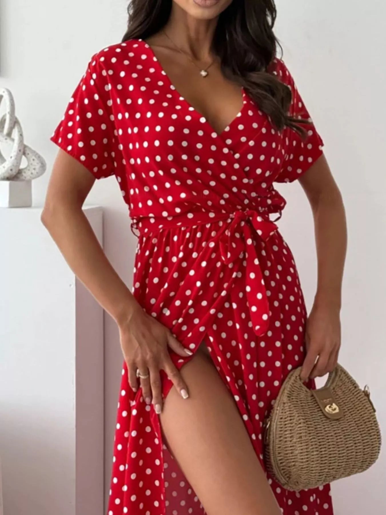 Women's Polka Dot Surplice Maxi Dress with Slit — Chic and Unique AU