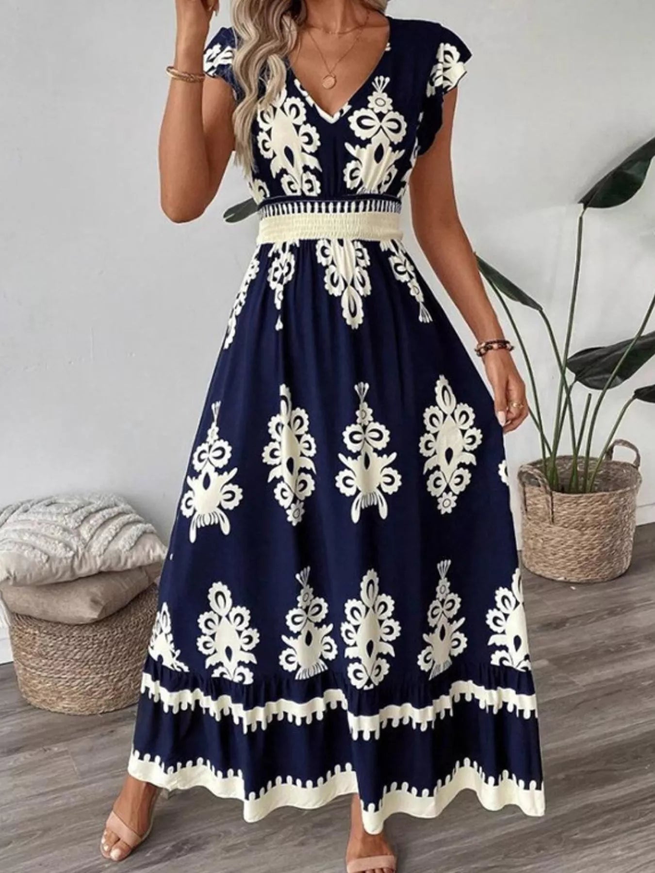 Women's Ruffled Printed V-Neck Maxi Dress — Chic and Unique AU