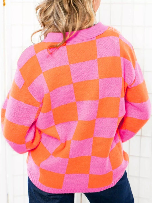 Women's Checkerboard Pattern Half Button Sweater — women's knit sweater Australia