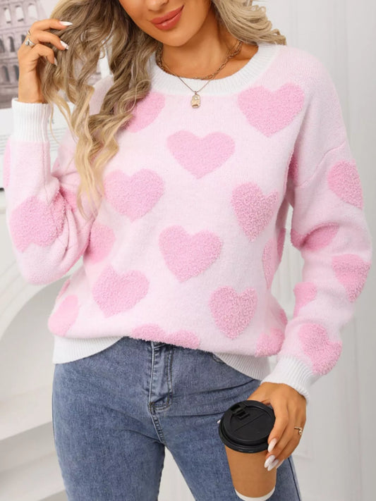 Women's Valentine's Day Heart Pattern Round Neck Sweater — women's knitwear Australia