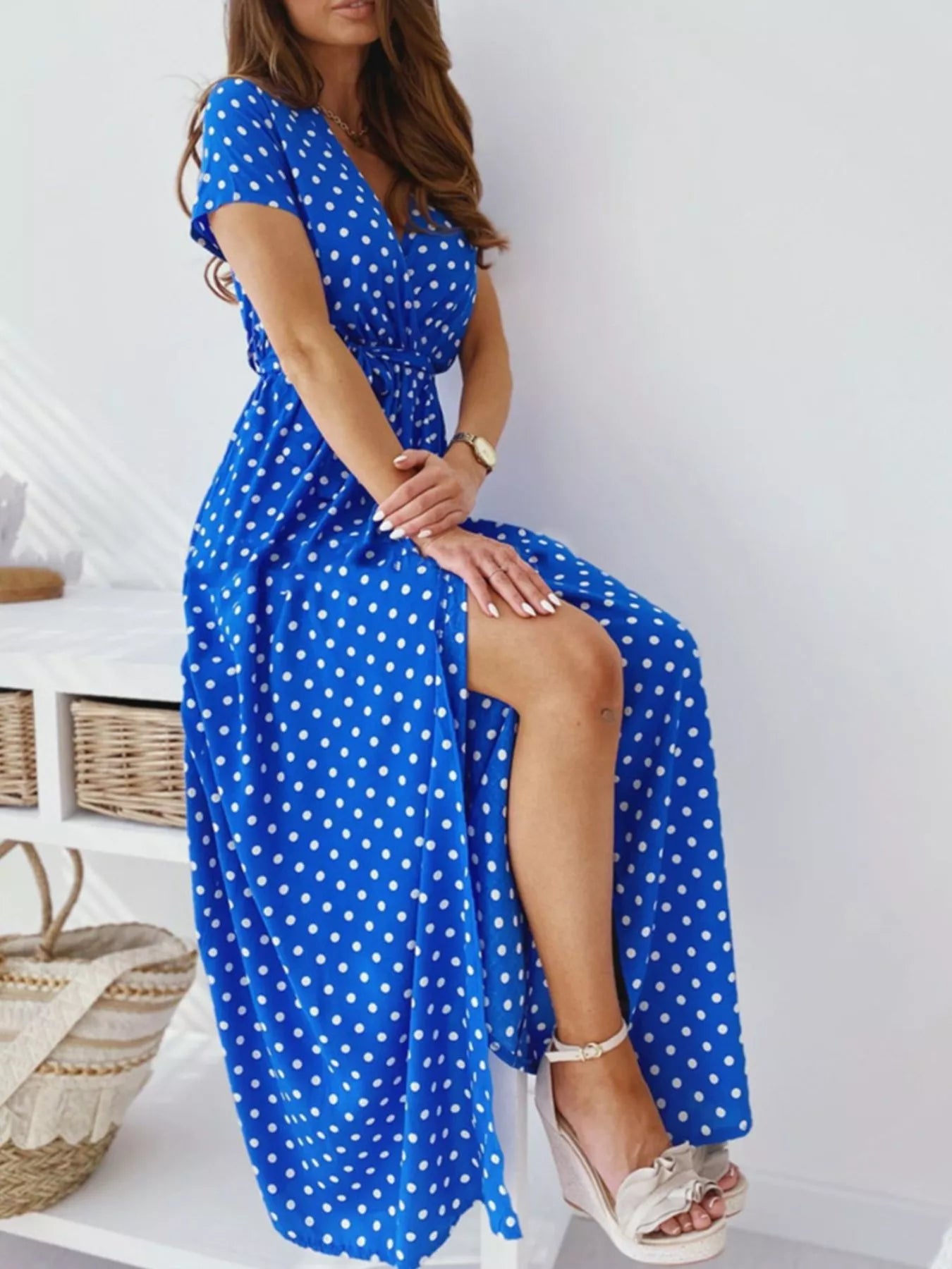 Women's Polka Dot Surplice Maxi Dress with Slit — Chic and Unique AU