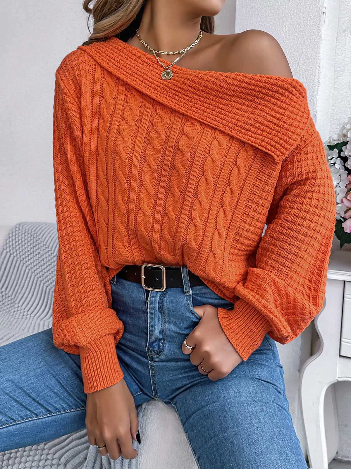 Women's Off-Shoulder Cable Knit Sweater — women's knit sweater Australia