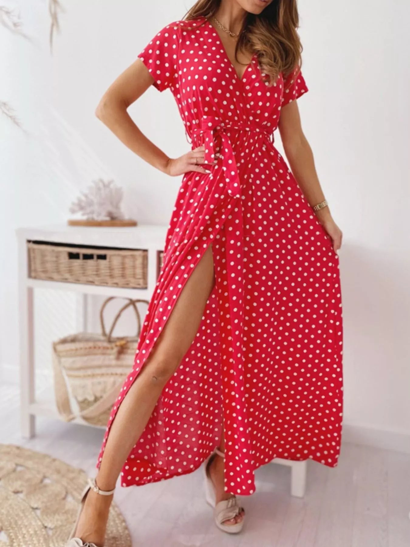 Women's Polka Dot Surplice Maxi Dress with Slit — Chic and Unique AU