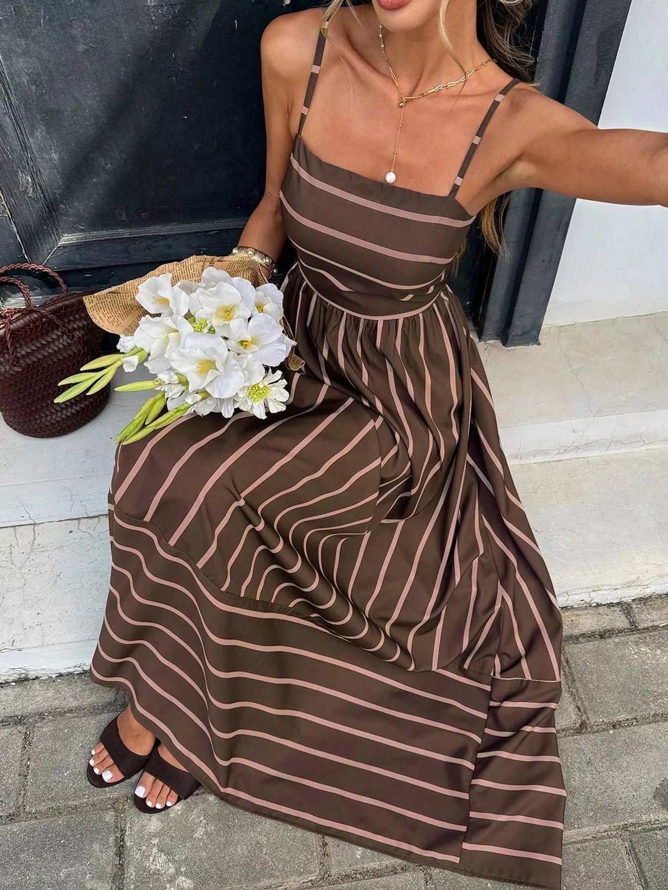 Women's Cutout Back Striped Maxi Dress — Chic and Unique AU