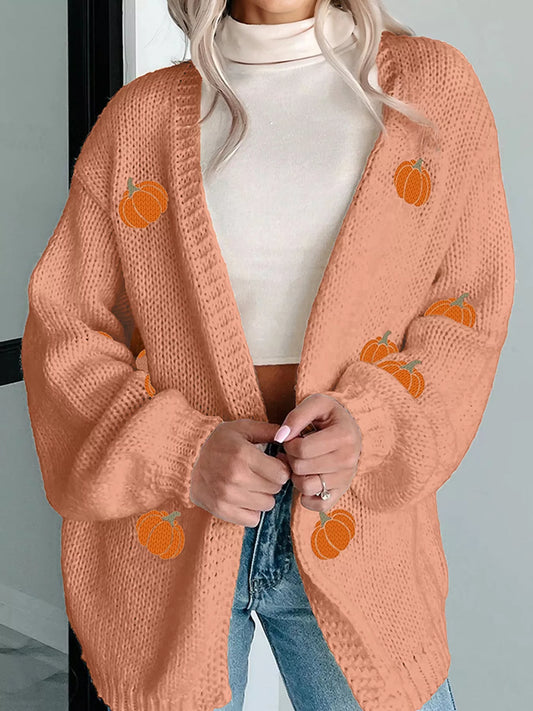 Women's Pumpkin Tree Print Open Front Drop Shoulder Midi Cardigan — women's knit cardigan Australia