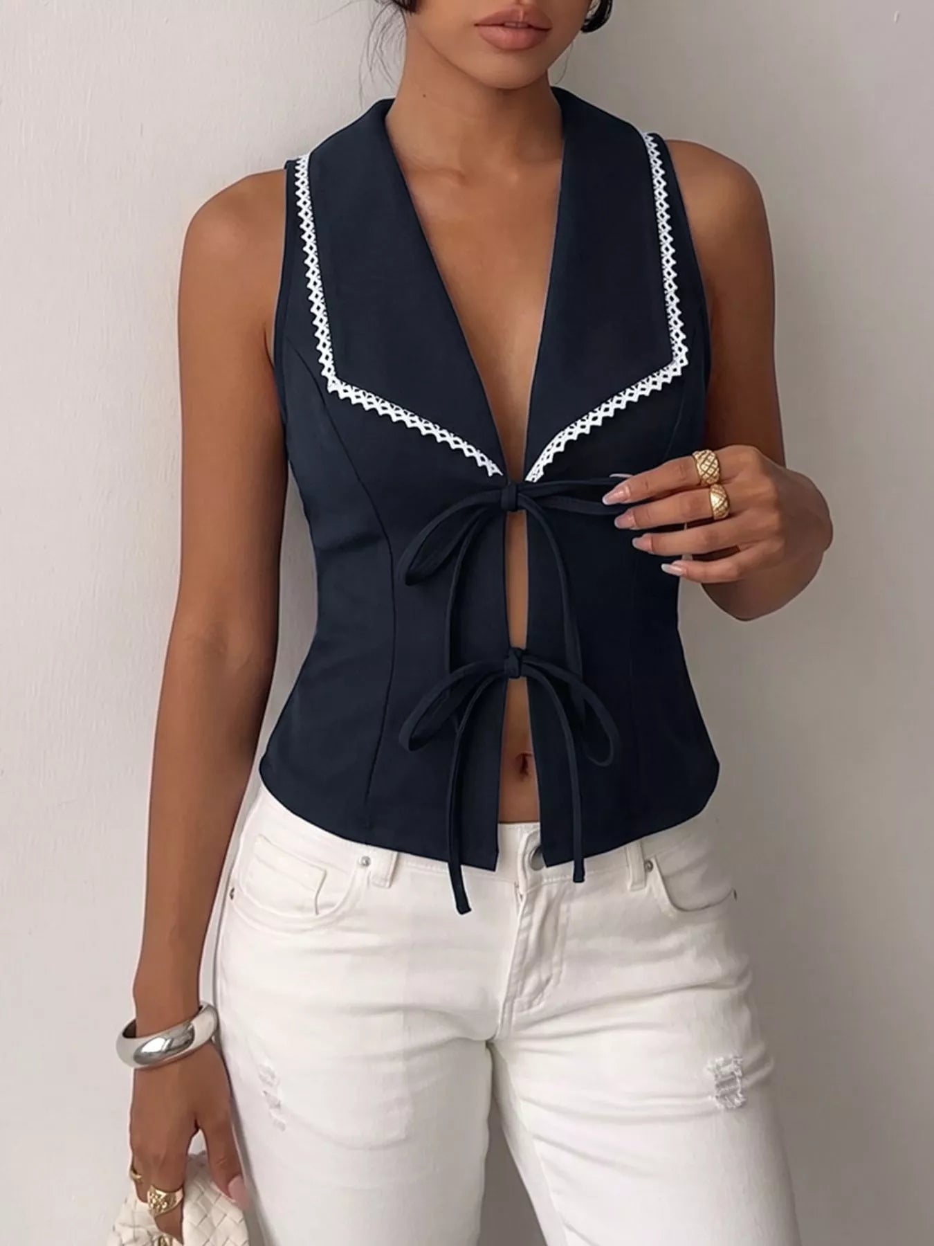 Lace Trim Tie-Front Vest — women's top Australia
