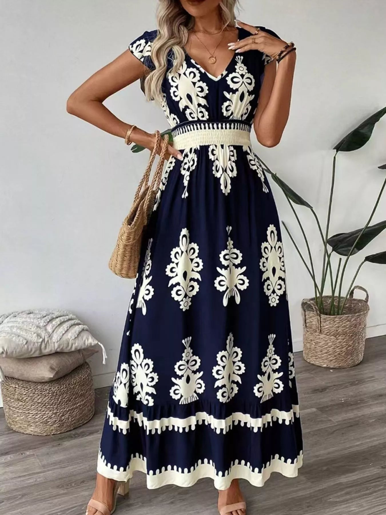 Women's Ruffled Printed V-Neck Maxi Dress — Chic and Unique AU