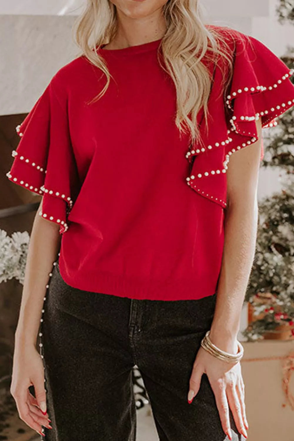 Women's Ruffle Sleeve Pearl Embellished Knit Top — women's knit top Australia