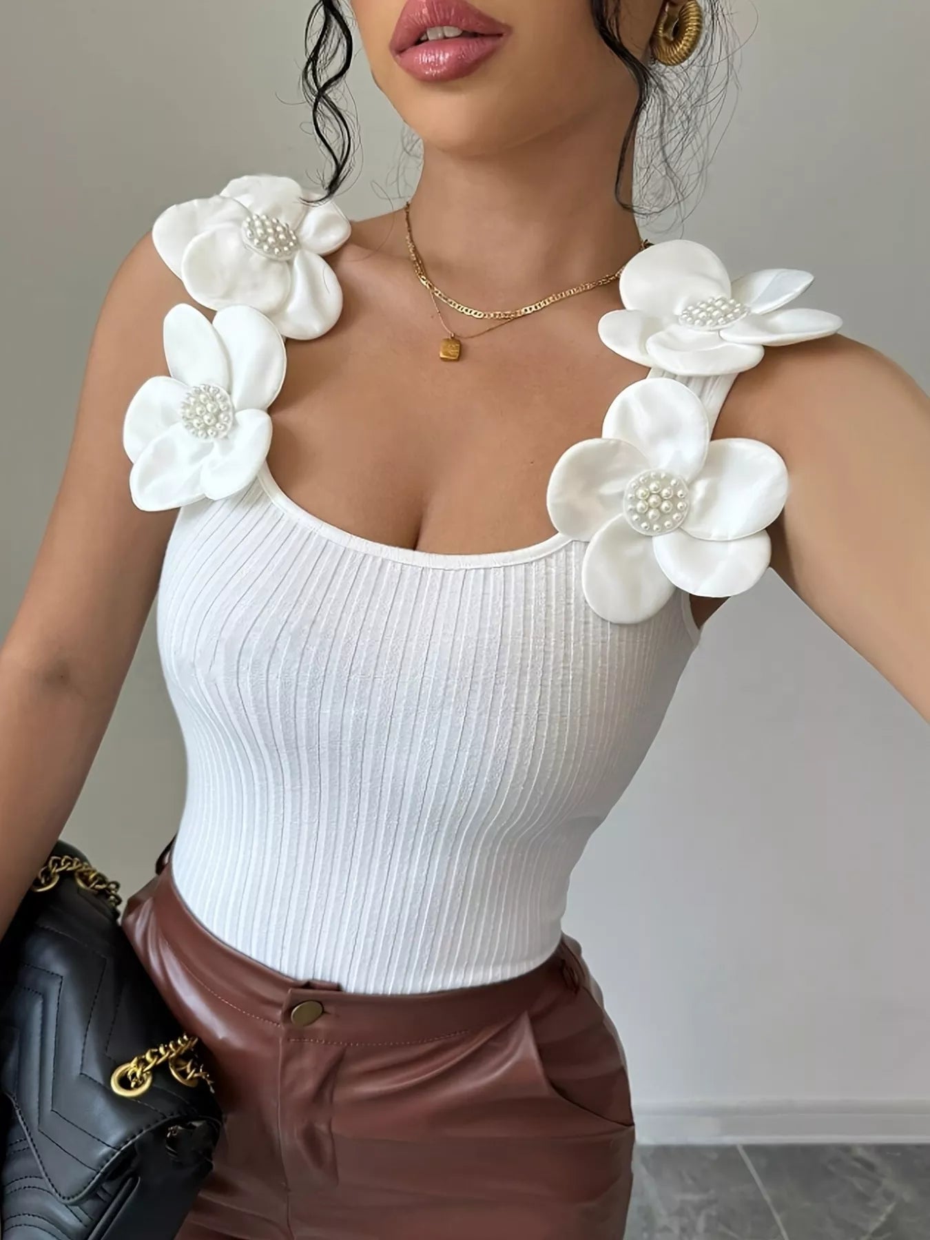 Floral Applique Ribbed Tank Top — women's tank top Australia