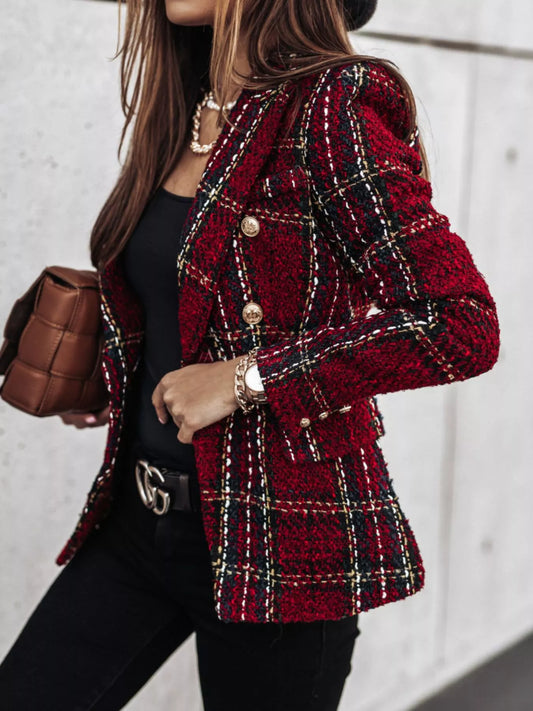 Full Size Plaid Tweed Double-Breasted Blazer Plus Size — women's blazer Australia
