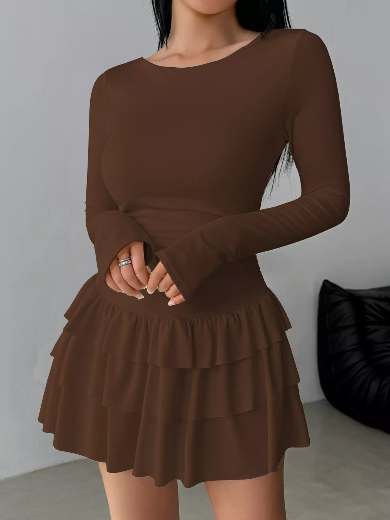 Women's Ruched Long Sleeve Layered Ruffle Mini Dress — Chic and Unique AU