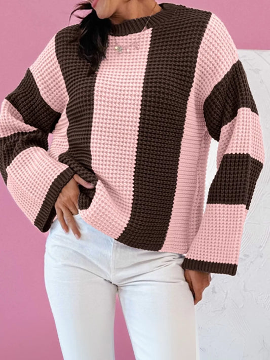 Women's Striped Color Block Waffle Knit Sweater — women's knit sweater Australia