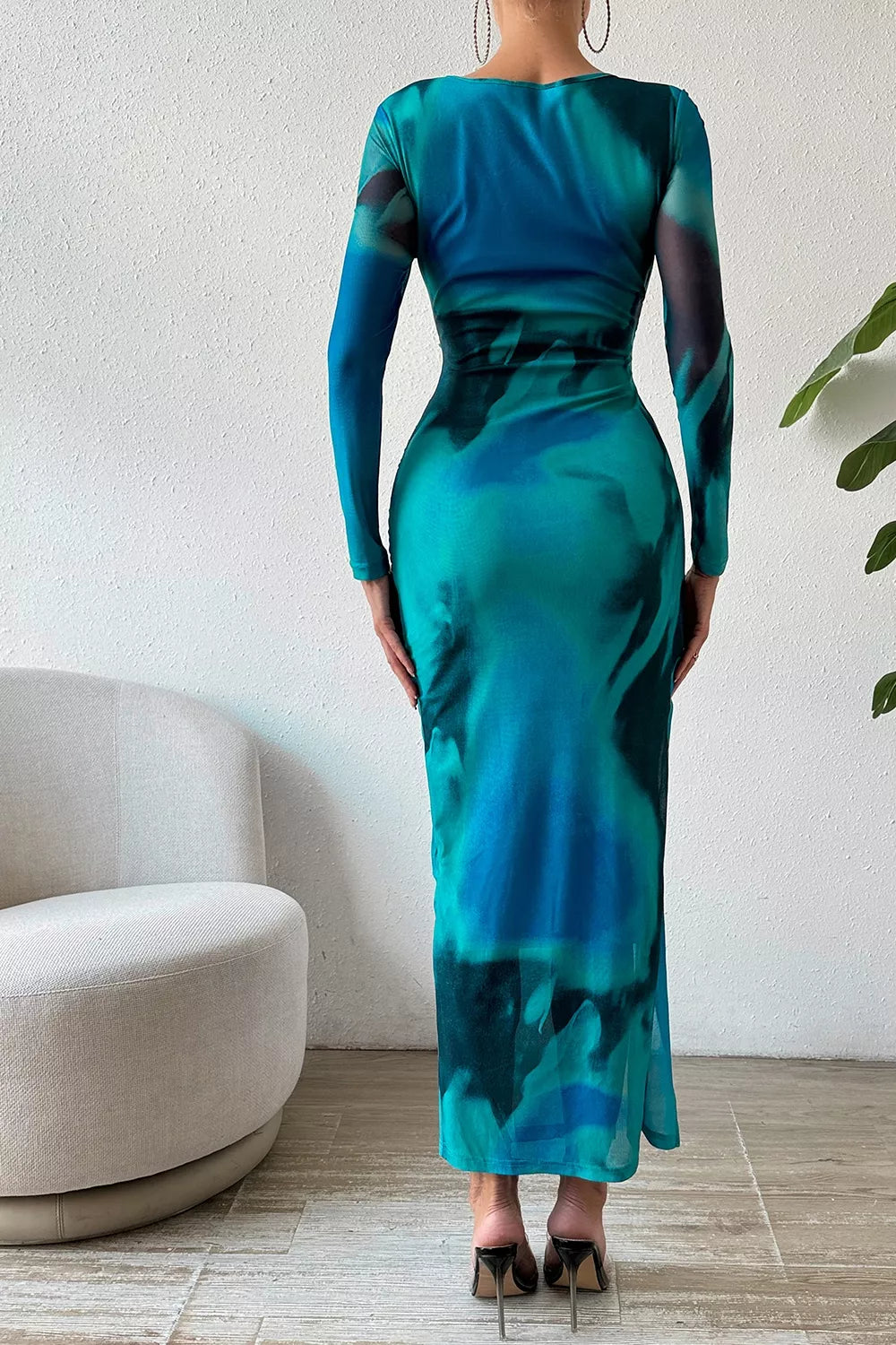 Women's Ruched Tie-Dye Midi Dress with High Slit — Chic and Unique AU