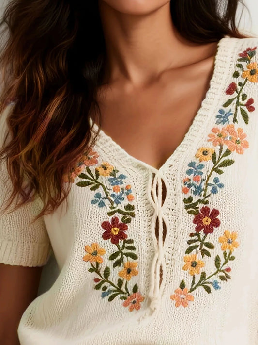 Women's Floral Embroidered Short Sleeve Sweater — women's knitwear Australia