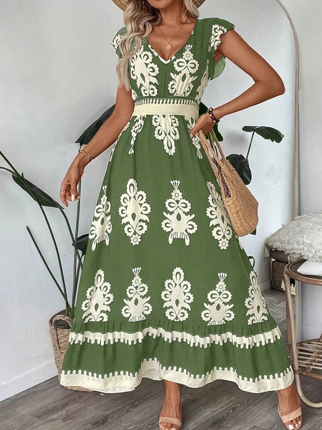 Women's Ruffled Printed V-Neck Maxi Dress — Chic and Unique AU