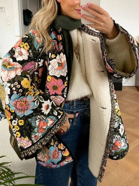 Full Size Floral Print Quilted Sherpa-Lined Jacket Plus Size — women's jacket Australia
