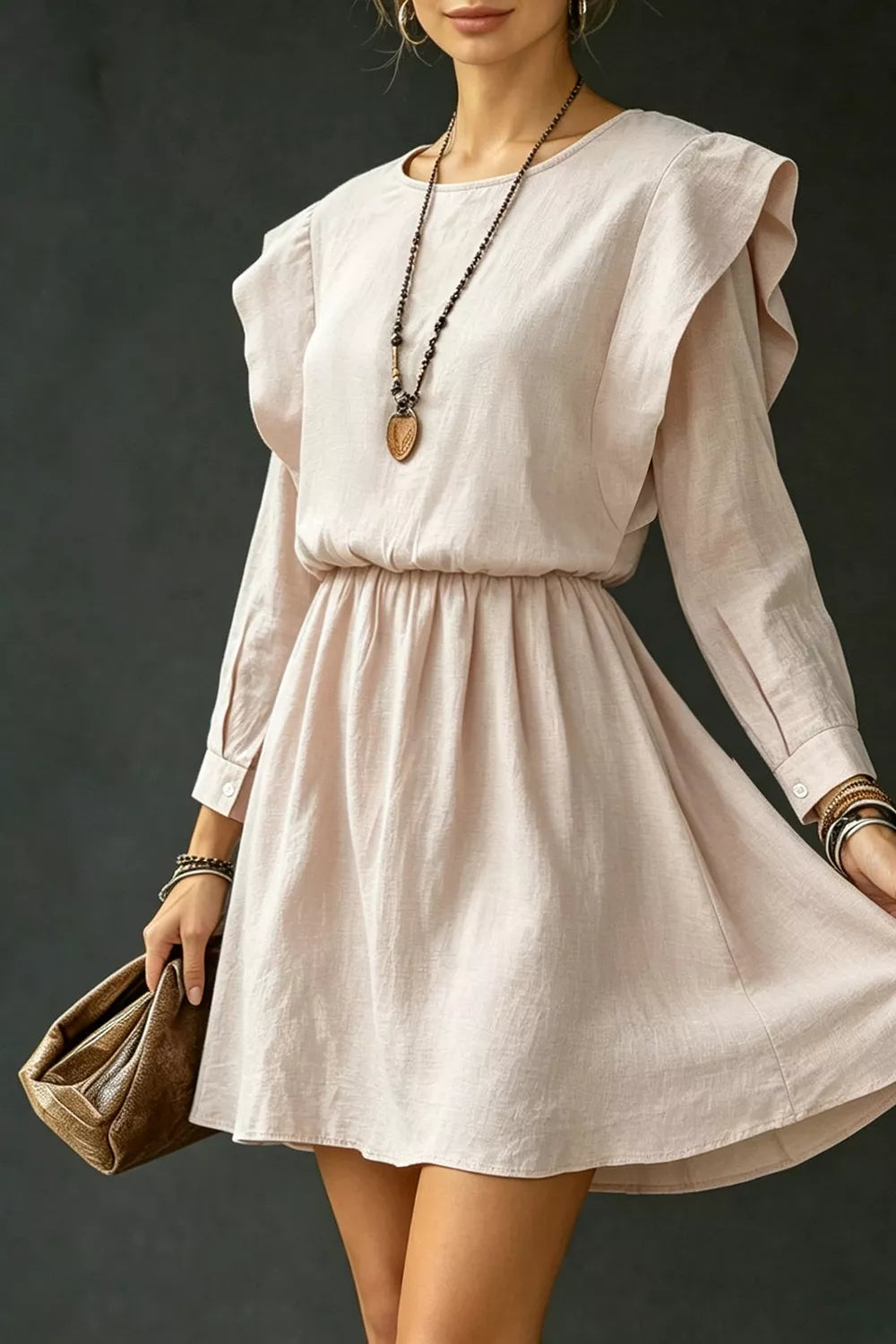 Women's Ruffled Round Neck Long Sleeve Dress — Chic and Unique AU