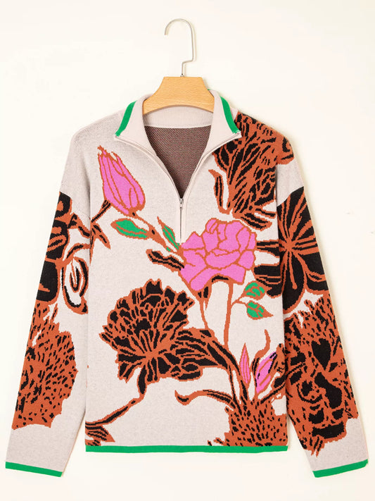 Women's Floral Pattern Knit Quarter Zip Stand Neck Sweater — women's knit sweater Australia