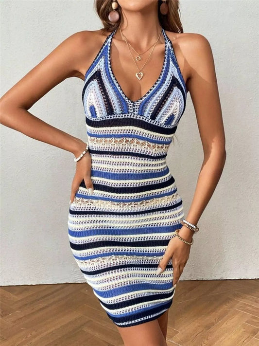 Women's Striped Crochet Halter Neck Sweater Dress — women's knit sweater dress Australia