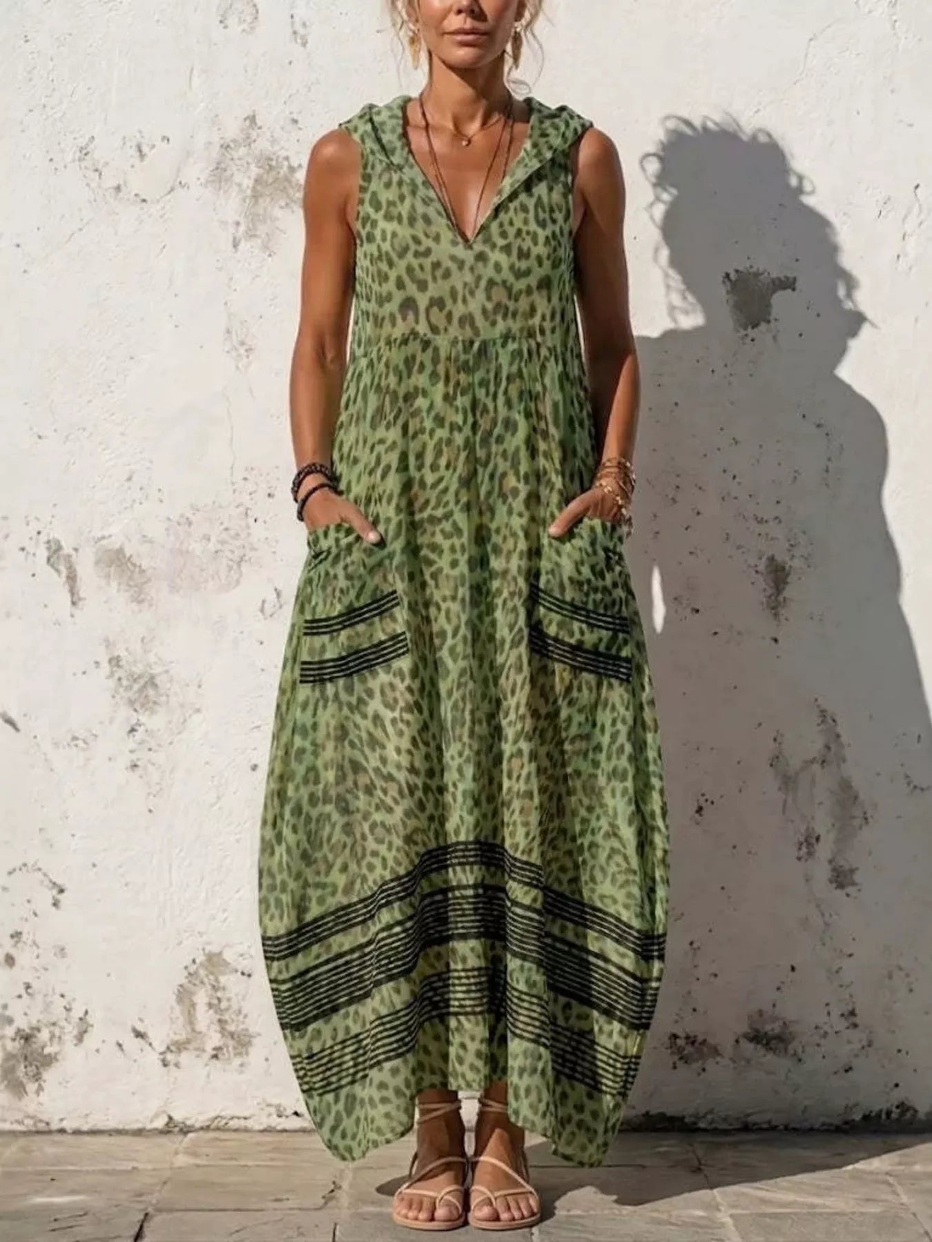 Women's Full Size Sleeveless Hooded Leopard Print Maxi Dress Plus Size — Chic and Unique AU