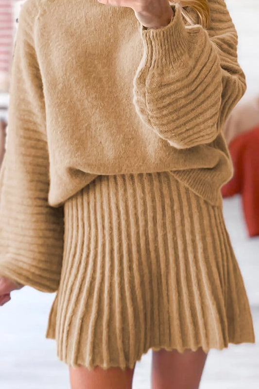 Ribbed Knit Long Sleeve Top and Skirt Sweater Set — women's knit sweater set Australia